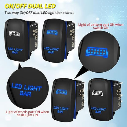 LED Light Bar Switch ON/Off 5 Pin Laser Marine Rocker Switch Waterproof 12V 20A 24V 10A Blue LED Light Bar Toggle Switch with Jumper Wires for Car Boat ATV UTV RZR