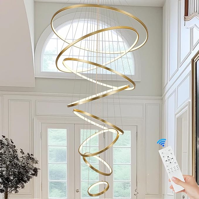 Modern LED Chandelier 8 Rings Dimmable Gold High Ceiling Chandelier Foyer, Large LED Contemporary Pendant Lighting for Staircase Entryway Living Room, D35’’ 3000K-6500K
