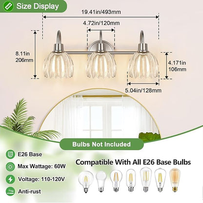 3-Light Bathroom Light Fixtures, 20" Vanity Light Over Mirror with Ribbed Clear Tulip Glass Shades, Brushed Nickel Wall Lights for Bathroom, Bedroom, Living Room, Hallway (Bulb Not Included)