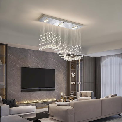 Modern Silver Crystal Raindrop Chandelier: 31.5" Rectangle Dimmable Lighting with Remote - Contemporary Chrome Wave Ceiling Light for Kitchen Dining Room Living Room Staircase Foyer Entryway Bedroom