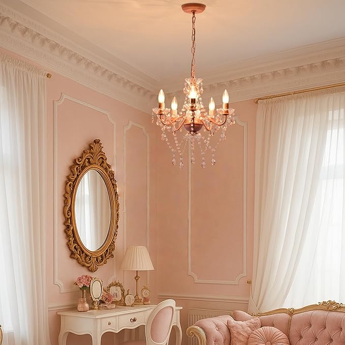 Small Pink Chandelier for Girls Room 5 Light Pink Acrylic Crystal Chandeliers Small Kids Chandelier for Bedroom