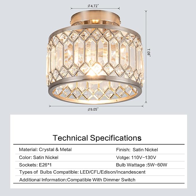 Rpzloila Crystal Ceiling Light Fixture, Modern Semi Flush Mount Ceiling Light,Crystal Chandelier for Kitchen Bedroom Bathroom Entryway Nickel Finish (Bulb not Included)