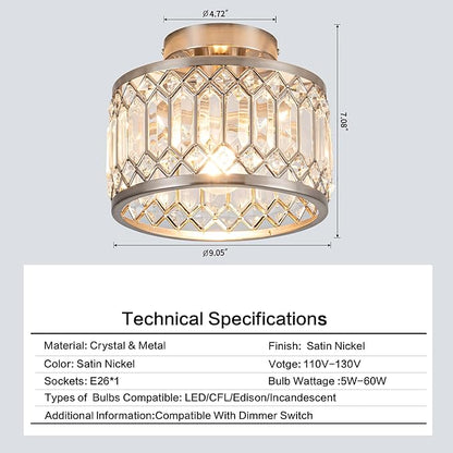 Rpzloila Crystal Ceiling Light Fixture, Modern Semi Flush Mount Ceiling Light,Crystal Chandelier for Kitchen Bedroom Bathroom Entryway Nickel Finish (Bulb not Included)