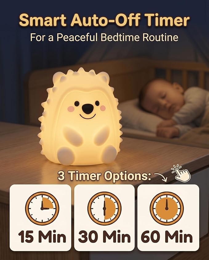 Hedgehog Night Light for Kids, 15/30/60m Timer Squishy Silicone Baby Lamp, Remote & Touch 8-Color BPA-Free Rechargeable Nursery Light for Breastfeeding Bedside Sleep Buddy Decor Gift