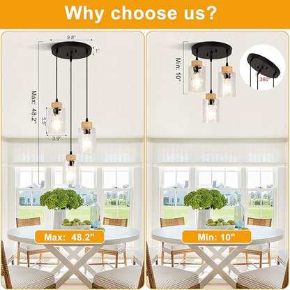 3-Light Pendant Light Fixtures, Black Pendant Lights Kitchen Island, Adjustable Pendant Lighting with Clear Hammered Glass Shade, Modern Hanging Light Fixtures for Dining Room, Hallway, Living Room