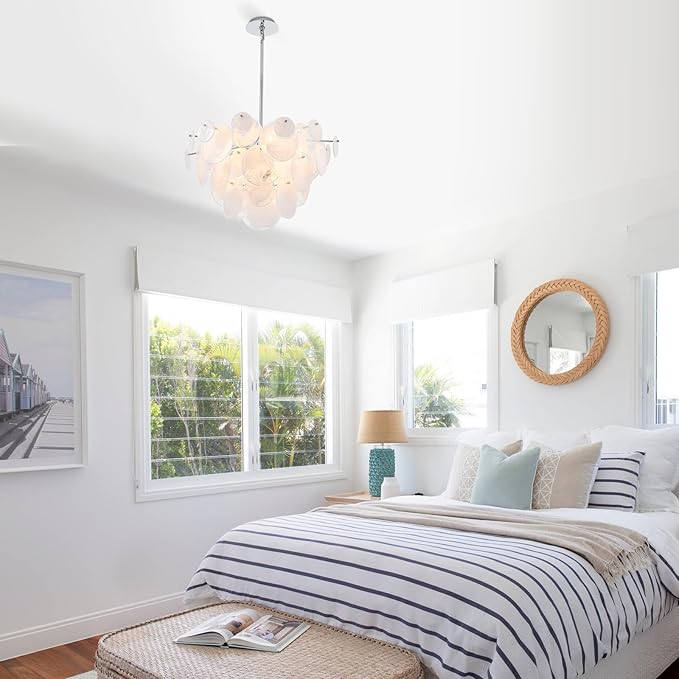 Dia 28 Inch, Modern Glass Chandeliers for Farmhouse, Large Unique Pendant Chandelier for Dining Room Bedroom Entryway Kitchen Foyer, Chrome Finish