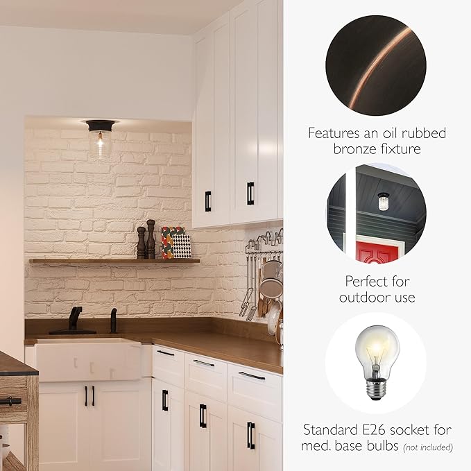 Design House Jelly Jar Ceiling Light, Indoor/Outdoor, Flush Mount, Dimmable, Uses (1) 60W Bulb, Oil Rubbed Bronze, 4.8 in Diameter x 5.9 in H, 587238