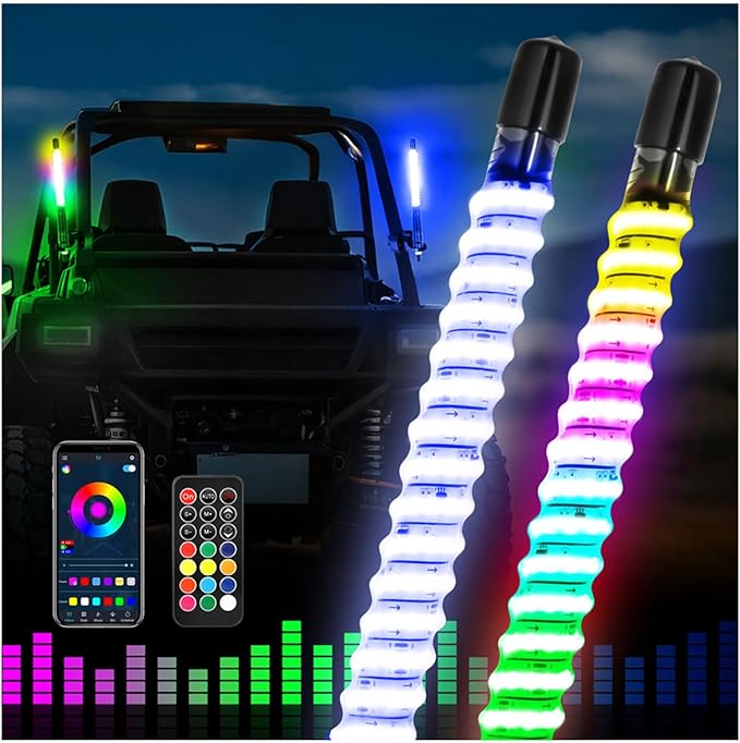 2 Pack 1FT COB LED Whip Lights, Fastchoy Auto UTV Whip Lights with App & Remote Control, Spiral RGB Chasing Lighted Whips for Side by Side UTV ATV RZR SXS Can-Am Polaris Offroad Truck