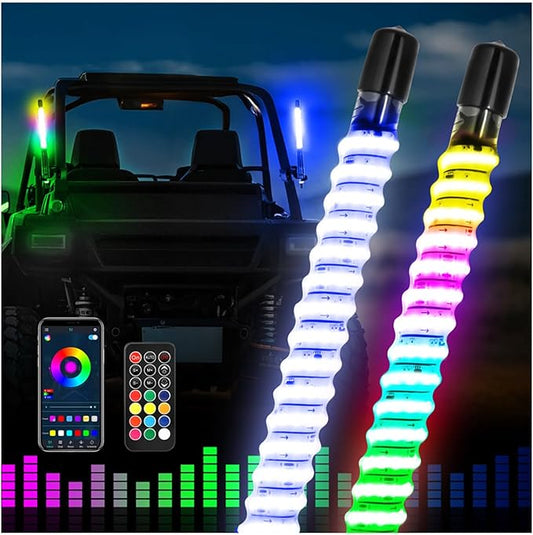 2 Pack 1FT COB LED Whip Lights, Fastchoy Auto UTV Whip Lights with App & Remote Control, Spiral RGB Chasing Lighted Whips for Side by Side UTV ATV RZR SXS Can-Am Polaris Offroad Truck