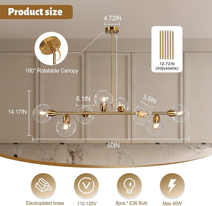 50" Gold Modern Sputnik Chandeliers, Open Clear Glass Globe Linear Chandeliers for Dining Room, 8-Light Luxury Dining Room Light Linear Kitchen Island Lights Large Long Chandelier, Electroplated Brass