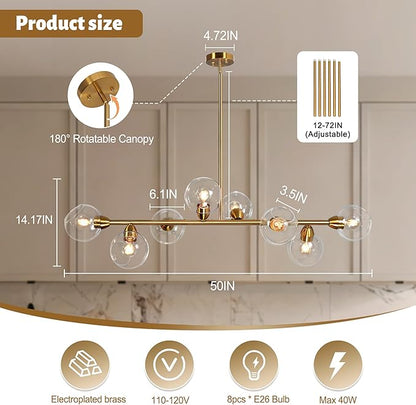 50" Gold Modern Sputnik Chandeliers, Open Clear Glass Globe Linear Chandeliers for Dining Room, 8-Light Luxury Dining Room Light Linear Kitchen Island Lights Large Long Chandelier, Electroplated Brass