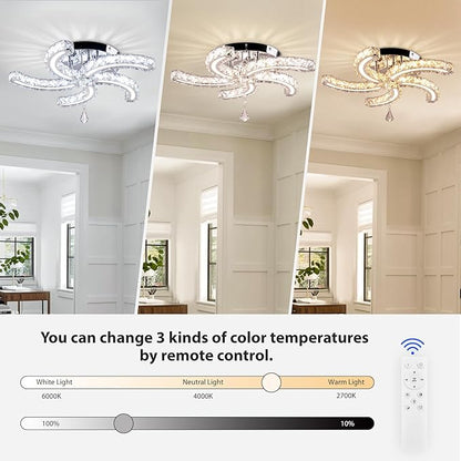 19.7" Dimmable Crystal Chandeliers Modern Crystal Ceiling Light Fixtures Acrylic 5 Arms Led Flush Mount Ceiling Light Lamp for Dining Room Living Room Bedroom Hallway Remote Control