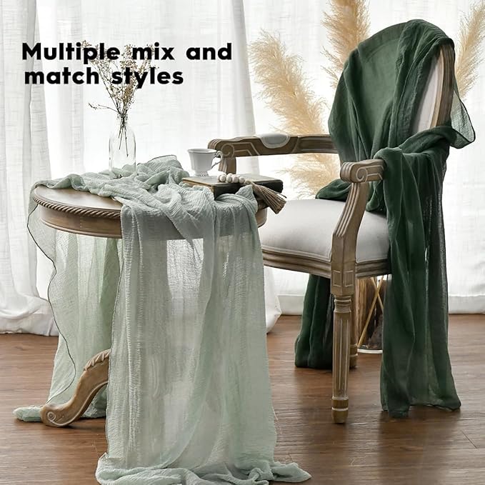 Artoid Mode Boho Forest Green 10Pcs Cheesecloth Gauze Table Runner, 120 Inch Seasonal Fabric Kitchen Dining Holiday Table Decor for Home Party Indoor