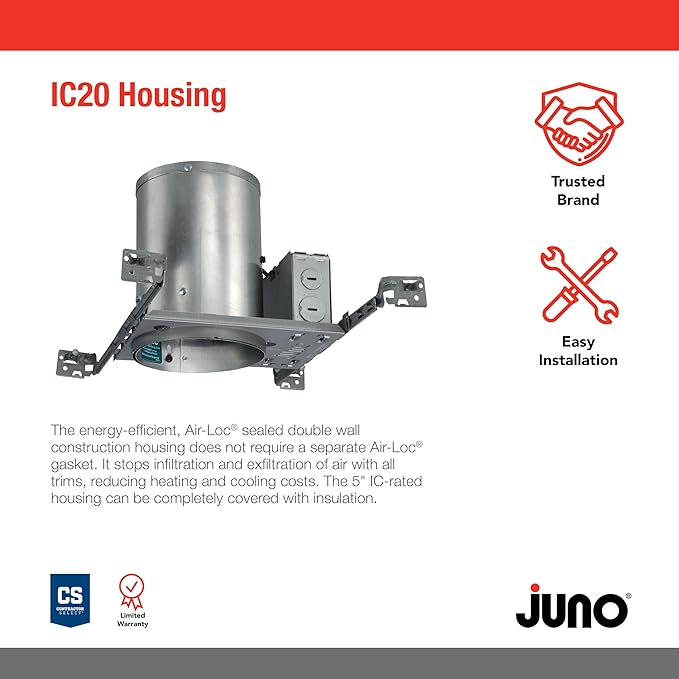 Juno 5 Inch Incandescent Ceiling Light Housing for New Construction, IC Rated Recessed Light, Adjustable Bar Hangers, Damp Location UL Listed Can Lighting, Includes Push-in Electrical Connectors