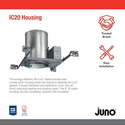 Juno 5 Inch Incandescent Ceiling Light Housing for New Construction, IC Rated Recessed Light, Adjustable Bar Hangers, Damp Location UL Listed Can Lighting, Includes Push-in Electrical Connectors