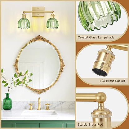 Bathroom Lights Over Mirror,2-Light Vintage Vanity Light Fixtures,Retro Brass Bathroom Light, Flower Wall Sconce With Green Tulip Glass Shade For Bedroom, Living Room, Dressing Table, E26 Base