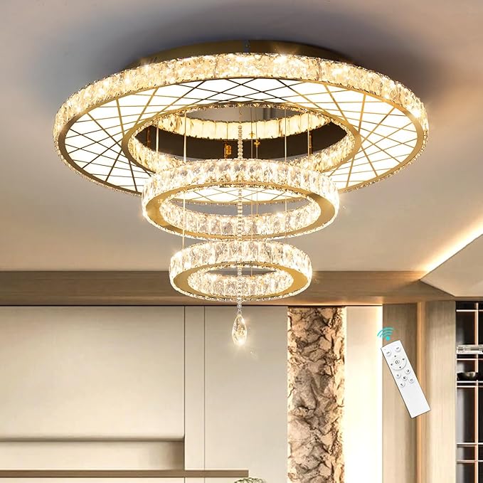 HAIXIANG LED Chandeliers for Dining Room Ceiling Light, 32in Flush Mount Chandelier Light Fixtures with Dimmable Lights Bright Lighting for Living Room Bedroom Entryway Gold