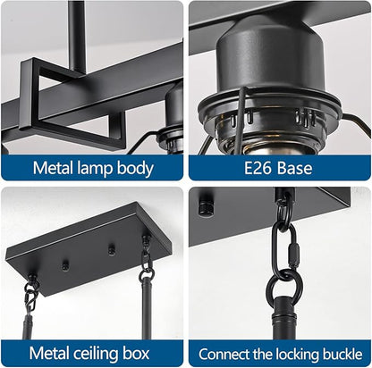 3-Light Vintage Industrial Pendant Light Over Table, Adjustable Hanging Light with Matte Black Metal Frame, E26 Base Modern Rustic Chandelier for Kitchen Island