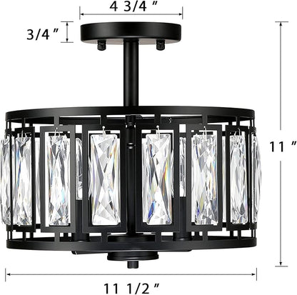 Modern Crystal Semi Flush Mount Ceiling Light Black Close to Ceiling Light Fixtures,3-Light Ceiling Light for Dining Room Bedroom Kitchen Island Hallway Entryway