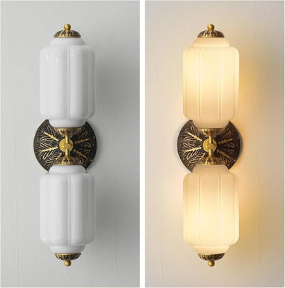 Vintage Bathroom Vanity Light - 2-Light Milk Glass Sconce with Antique Brass Finish & White Shade, Wall Sconce Lighting for Bathroom Mirror, Hallway, Living Room, Bedroom