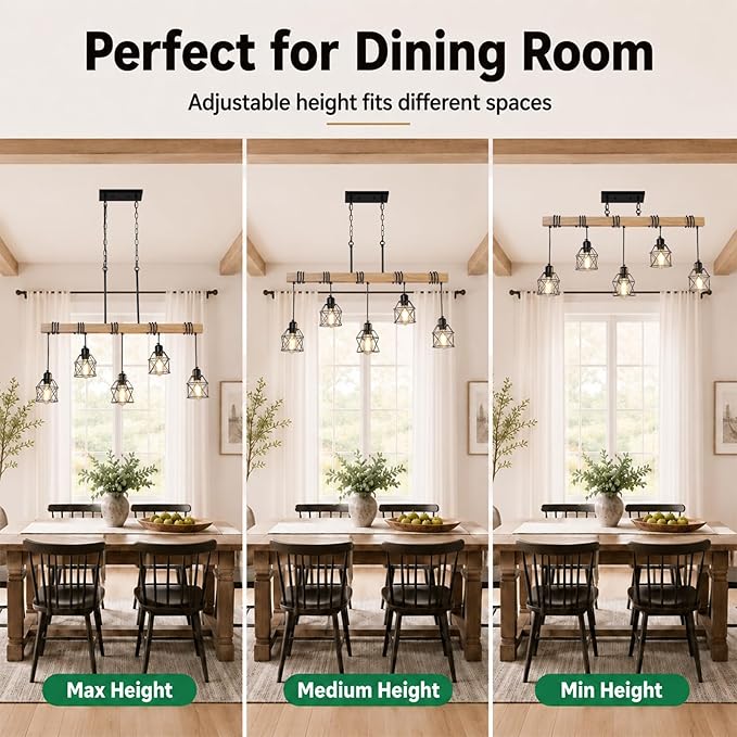 5 Light Farmhouse Kitchen Island Lighting,Dining Room Light Fixture,Adjustable Height Pendant,Real Wood and Black Metal Cage Chandelier for Kitchen,Dining Room