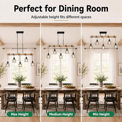 5 Light Farmhouse Kitchen Island Lighting,Dining Room Light Fixture,Adjustable Height Pendant,Real Wood and Black Metal Cage Chandelier for Kitchen,Dining Room