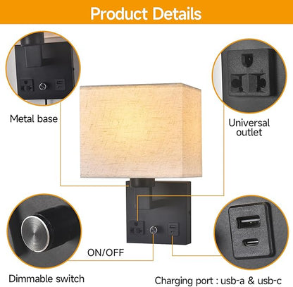 Bedside Wall Lamp for Bedroom, Plug in Wall Sconce - Dimmable Switch with AC Outlet & USB Charging Port, Fabric Shade, Black Wall Mounted Light for Living Room, Hotel (B8045-2Pack)