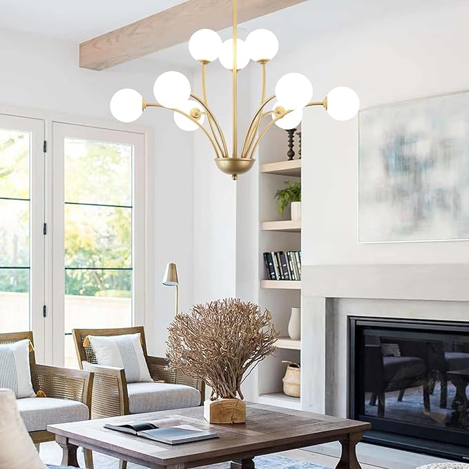29.7” Modern Gold Chandelier 9-Lights Modern Vintage Golden Chandelier Light Fixture Rustic Farmhouse Glass Chandeliers for Dining Room, Kitchen Island, Bedroom, Living Room, Foyer, G9