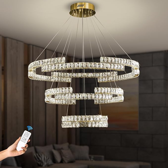 D40''+D27.5''+D15.7'' Modern Gold 3 Ring Crystal Chandeliers for Living Room Crystal Pendant Light Foyer Entrance LED Dimmable 3000-6000K Fixtures