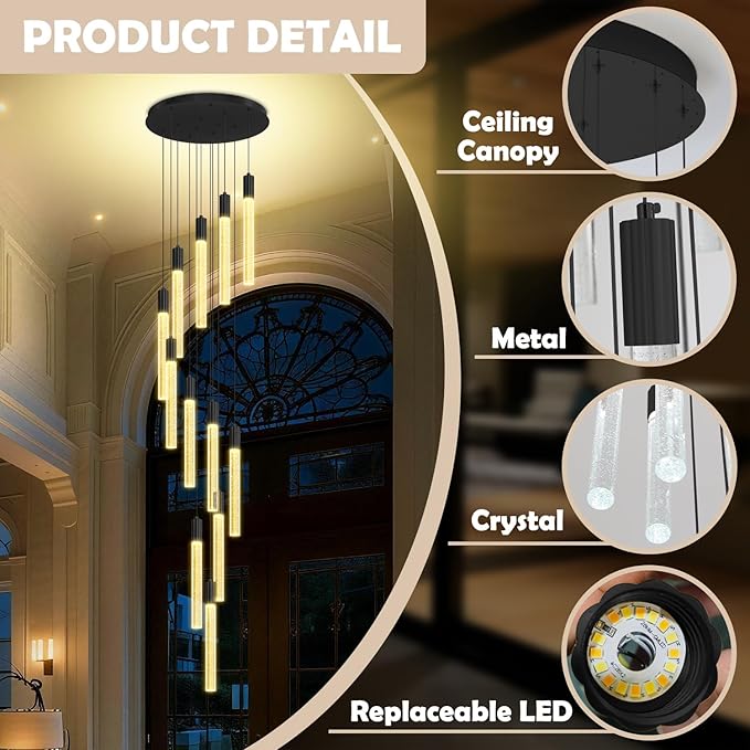 Luxury 12 Light Modern Crystal Pendant Light - 118" High Ceiling Black LED Dimmable Pendant Light for Bedside Island Kitchen Living Room