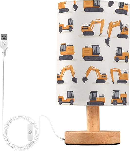 Table Lamp Cute Excavator Construction Car Pattern Nightstand Lamp with Wood Base Fabric Lamp Shade Bedside Desk Lamp for Living Room Bedroom Kids Room Office