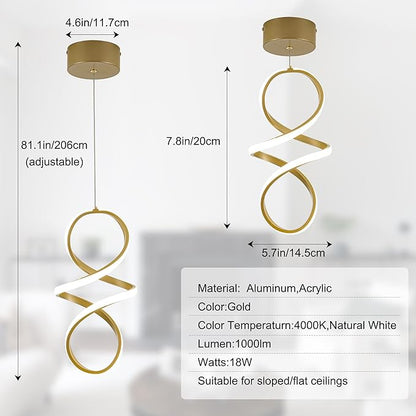 MAYNA Spiral Kitchen Island Pendant Lights, 4000K Modern Led Chandelier Light Fixture, 18W Adjustable Hanging Light Fixtures for Kitchen Island Dinning Room, 3 Pack (Gold)