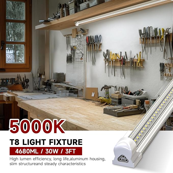 2-Pack 3FT LED Shop Lights, 30W 4680LM 5000K Super Bright, T8 Integrated LED Tube Light, 270 Degree Lighting for Garage Warehouse, Shop, Barn