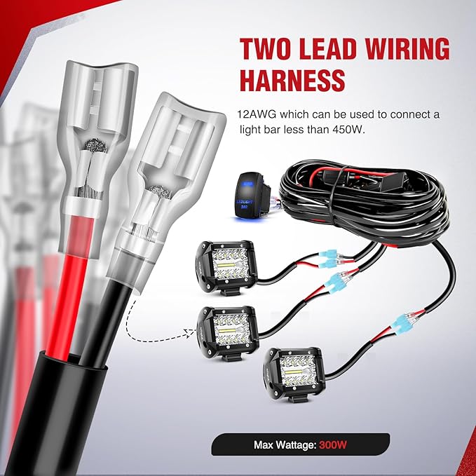 Nilight 12AWG LED Light Bar Wiring Harness Kit 12V On Off 5Pin Rocker Switch Laser Waterproof Toggle Power Relay Blade Fuse for Cars Boat ATV Trucks - 3 Leads Bule