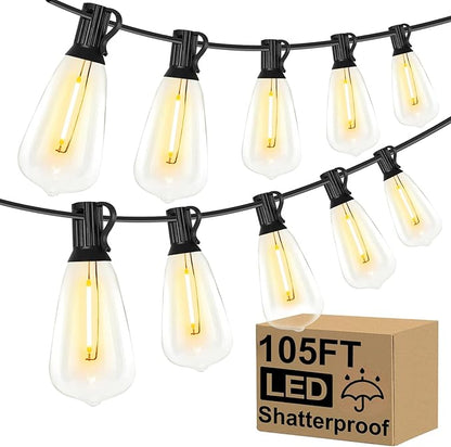 Jedavai Upgraded LED Outdoor String Lights 105Ft Shatterproof Waterproof ST38 Vintage Edison Bulbs Patio Lights Energy Saving Hanging Outdoor for Christmas Porch Deck Garden Backyard Wedding Party