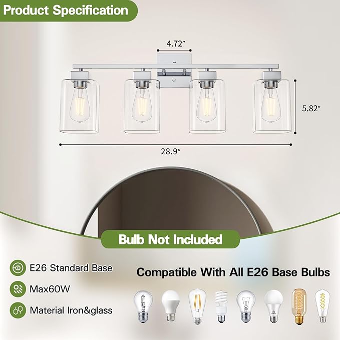 4 Light Bathroom Vanity Light - Chrome Bathroom Light Fixtures Square Design & UL Certification, 26 inch Square Bath Room Lights Over Mirror, Vanity Lighting Fixtures for Living Room & Bedroom