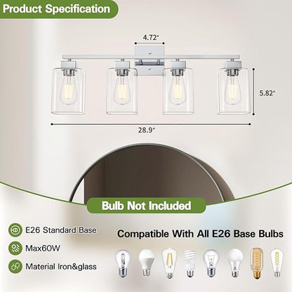 4 Light Bathroom Vanity Light - Chrome Bathroom Light Fixtures Square Design & UL Certification, 26 inch Square Bath Room Lights Over Mirror, Vanity Lighting Fixtures for Living Room & Bedroom
