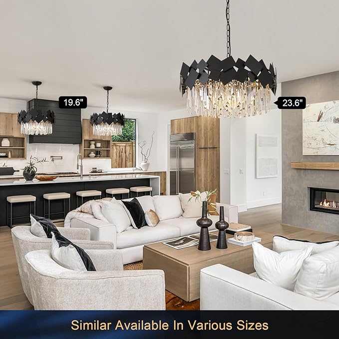 A AXILIXI Modern Crystal Drum Chandeliers 24" Black Round Chandelier Luxury K9 Crystal Chandeliers Light Fixture Flush Mount Chandelier Contemporary for Living Room Dining Room Foyer Staircase