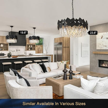 A AXILIXI Modern Crystal Drum Chandeliers 24" Black Round Chandelier Luxury K9 Crystal Chandeliers Light Fixture Flush Mount Chandelier Contemporary for Living Room Dining Room Foyer Staircase