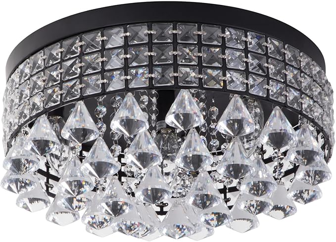Maxax 4 Lights Crystal Chandelier, Recessed Drum Ceiling Light, Mini Crystal Flush Mount Round Metal Shade Raindrop Chandelier Crystal for Dining Room Living Room Bathroom Bedroom, Black