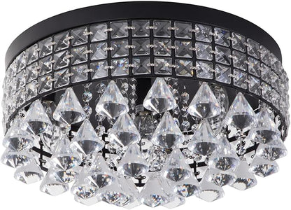 Maxax 4 Lights Crystal Chandelier, Recessed Drum Ceiling Light, Mini Crystal Flush Mount Round Metal Shade Raindrop Chandelier Crystal for Dining Room Living Room Bathroom Bedroom, Black