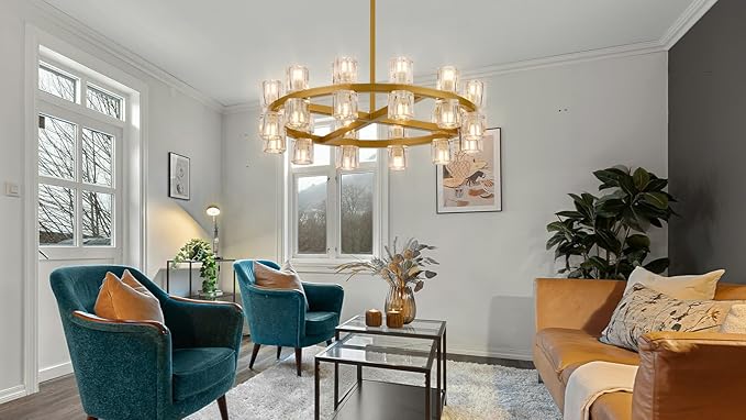 24 Inch Gold Crystal Wagon Wheel Chandelier, Modern Farmhouse Round 24-Lights Pendant Lighting Fixture, for High Ceilings Living Room, Bedroom, Foyer