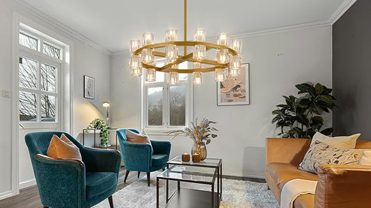 24 Inch Gold Crystal Wagon Wheel Chandelier, Modern Farmhouse Round 24-Lights Pendant Lighting Fixture, for High Ceilings Living Room, Bedroom, Foyer