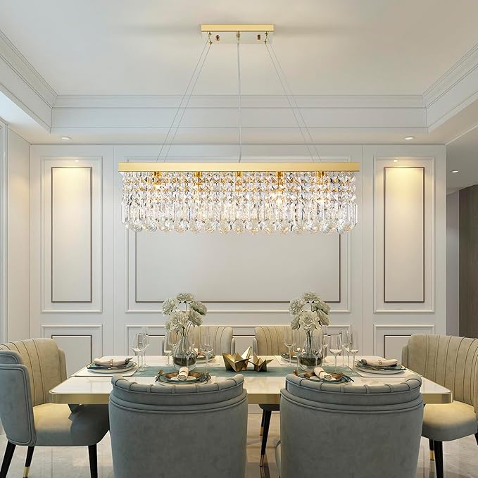 Saint Mossi 5-Lights K9 Crystal Chandelier for Dining Room, Rectangular Pendant Light Fixture for Kitchen Island, Raindrop Chandelier, H9 x W10 x L31, Chain Adjustable
