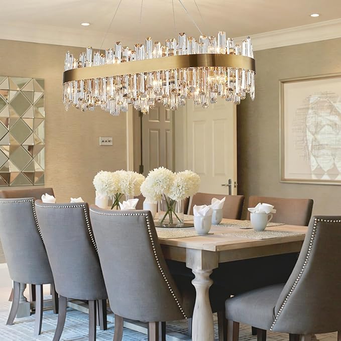 Siljoy 16-Light Rectangular Gold Crystal Chandelier for Dining Room, Modern 2-Tiers K9 Crystal Raindrop Chandelier, Luxury Crystal Pendant Ceiling Light for Living Room Kitchen Island, L35.4''
