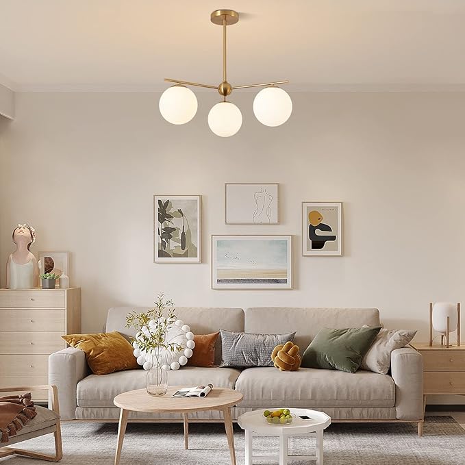 Mid Century Modern Globe Pendant Light 3 Light Gold Globe Sputnik Chandeliers Ceiling Mount Milk White Glass Ball Chandelier Light Fixture Brushed Brass Chandelier Light Fixture