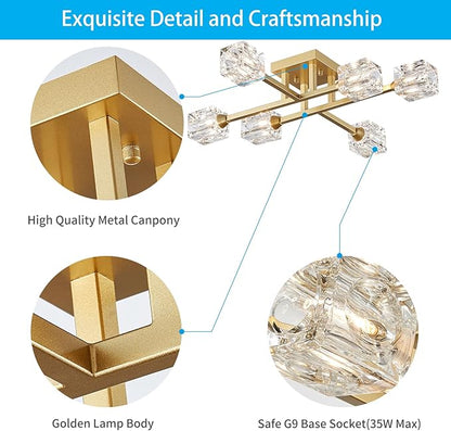 XINGQI Modern Ceiling Light 6 Lights Semi Flush Mount Ceiling Light Fixture, Gold Sputnik Chandeliers Mid Century Industry Lights for Bedroom Dining Room Farmhouse Kitchen