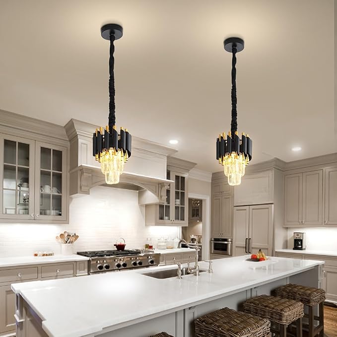 Modern Black Crystal Chandelier 2-Tier Round Pendant Lighting Light Fixture Chandelier for Kitchen Island Entryway Bathroom BedHead Bedroom