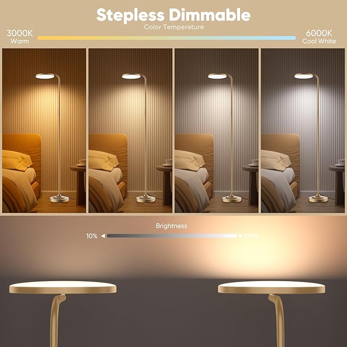 SIBRILLE 36W LED Floor Lamp, Super Bright Standing Lamp, Modern Stepless Dimmable Torchiere Tall Lamp with Remote Control, 350°Rotating Head Reading Floor Lamp for Living Room, Bedroom, Office