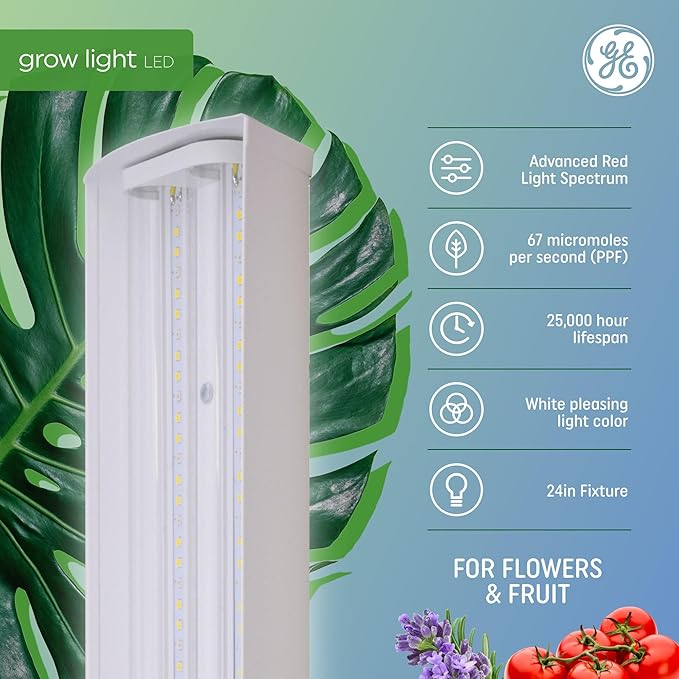GE LED Grow Light for Indoor Plants, Integrated LED Light Fixture for Flowers and Fruit, Advanced Red Light Spectrum, 25,000 Hours Lifespan, 67 PPF, 24 Inches, 1 Pack (Packaging May Vary)